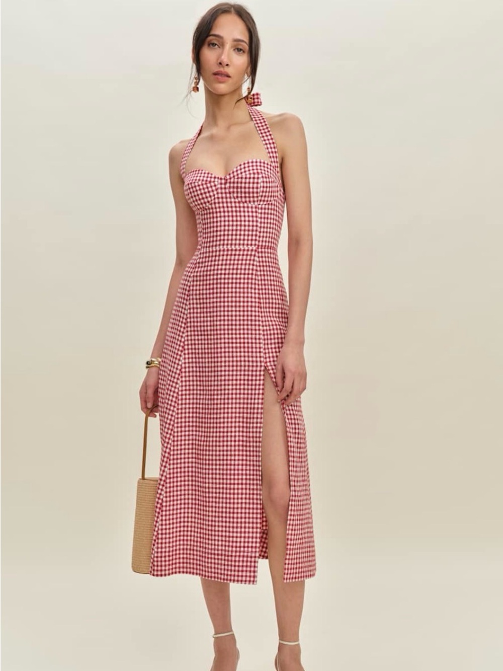 Reformation Tala Red Gingham Midi Halter Dress size 8 perfect condition